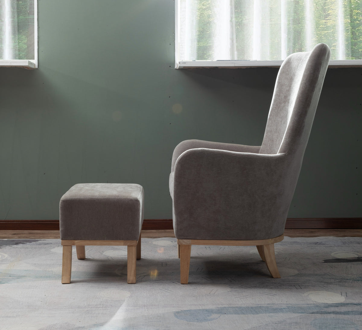 High Back Chair & Footstool – Light Grey