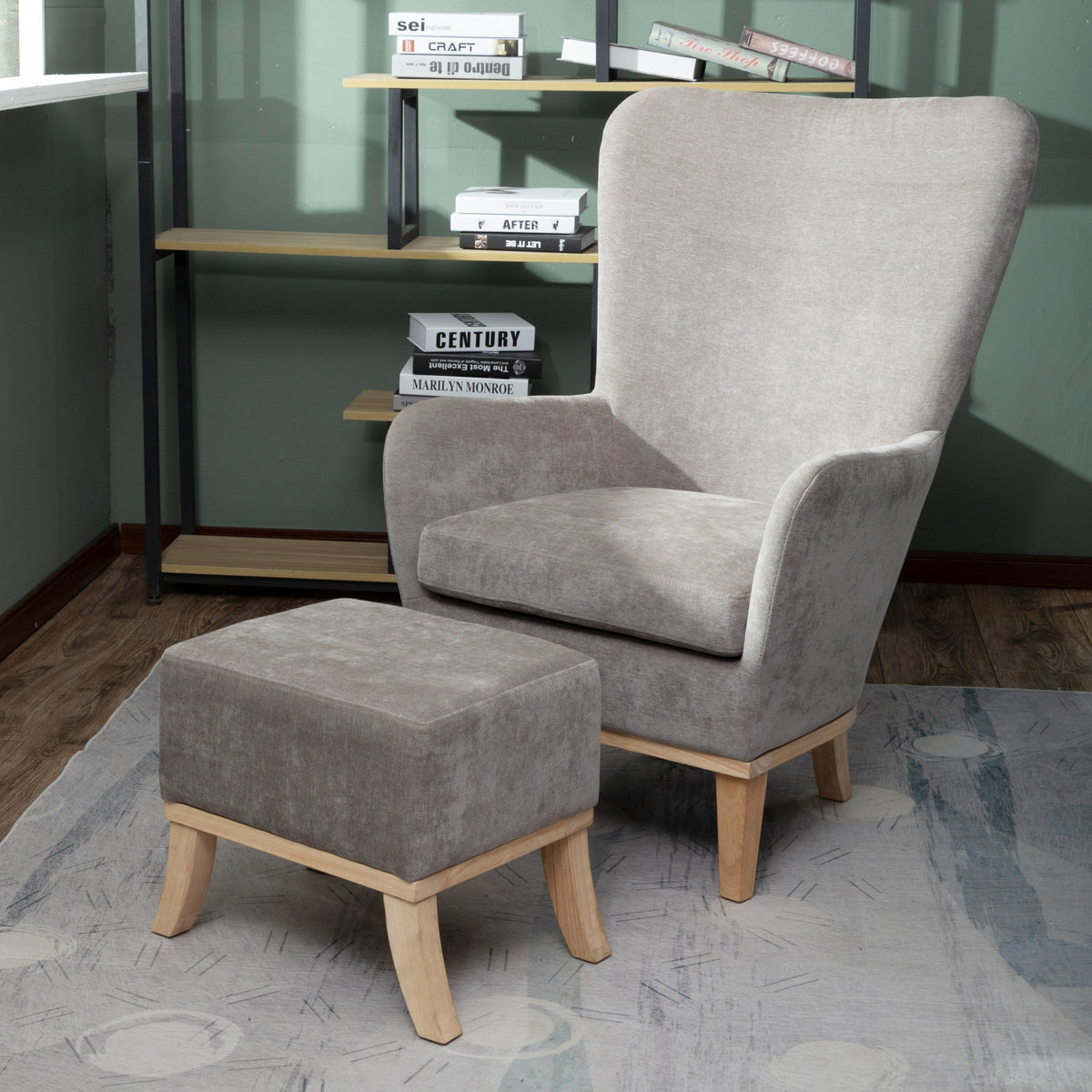 High Back Chair & Footstool – Light Grey