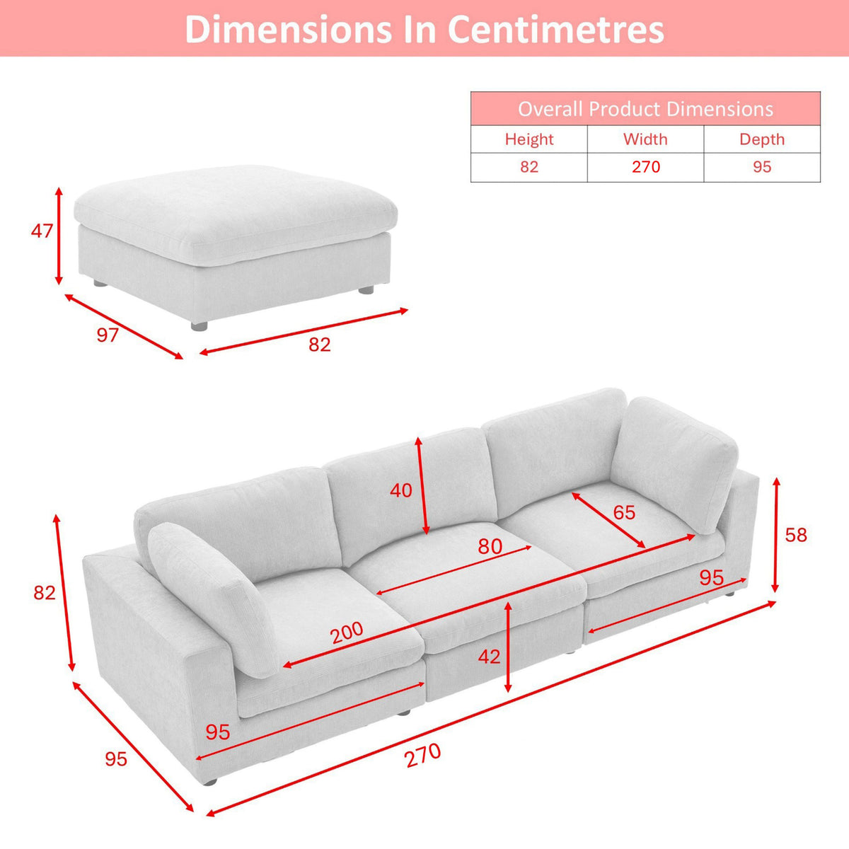 A dimension diagram of a light grey/sectional sofa and matching ottoman with red measurement arrows and labels, plus an overall product dimensions table on a white background.