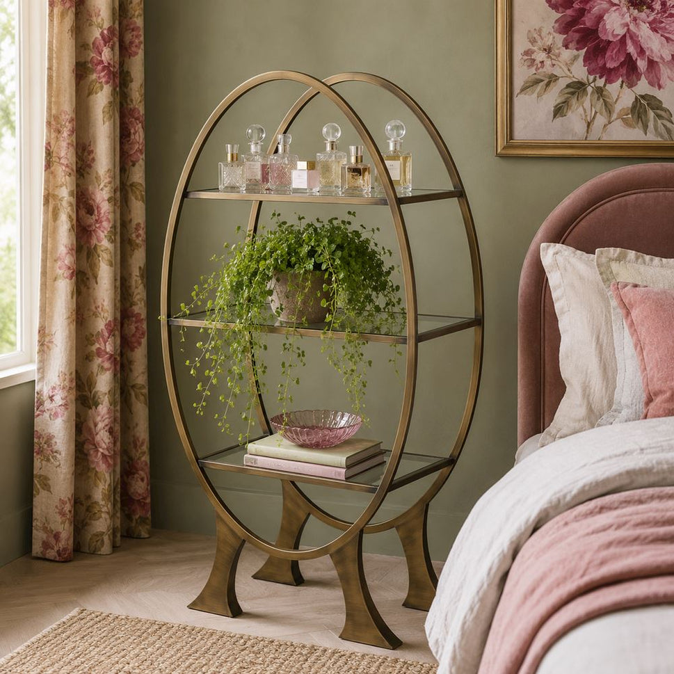 Antique Brass Shelving Unit with Mirrored Shelves