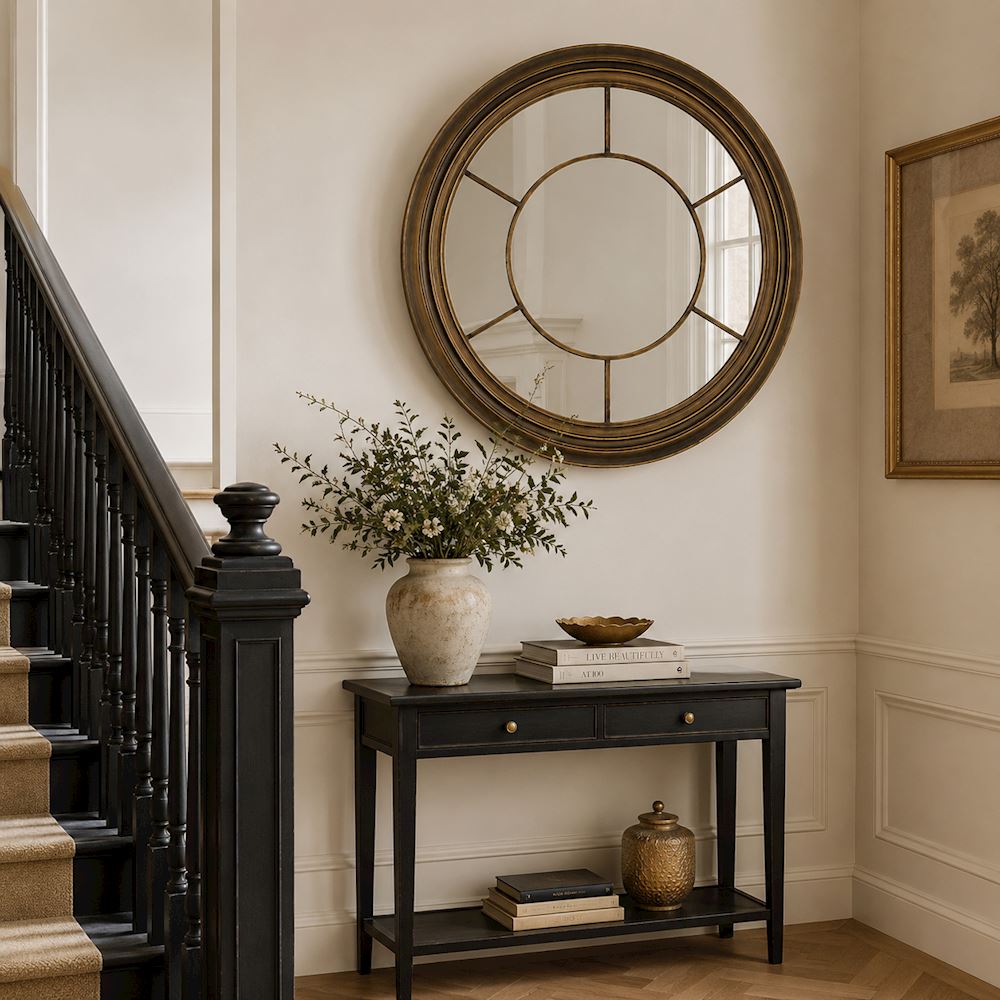 Antique Brass Round Metal Wall Mirror – 93 cm