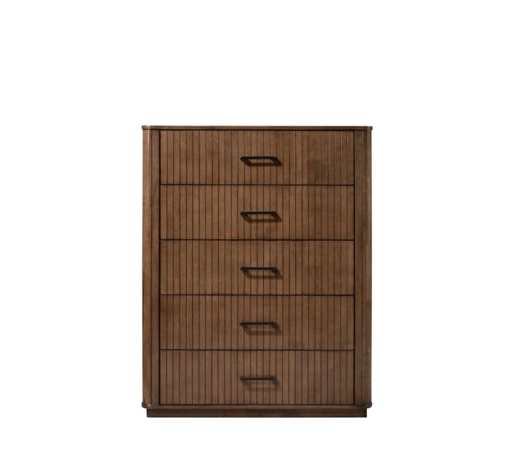 Wooden dresser with five drawers on a white background. Vienna tallboy by House of Murphy