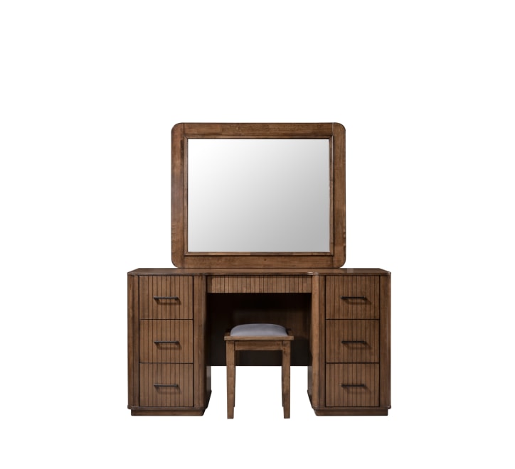 Wooden vanity with mirror and stool on a white background. Vienna dressing table by House of Murphy