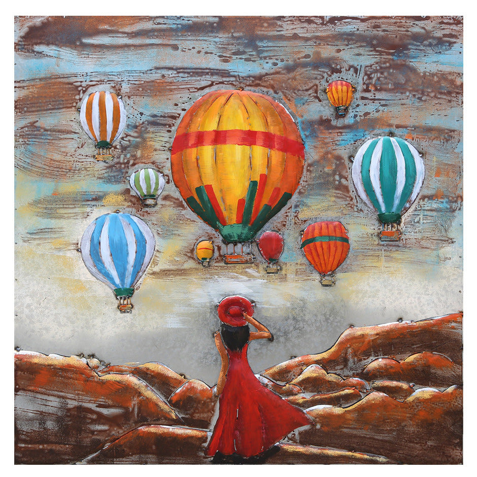 Painting of a woman in a red dress watching colorful hot air balloons. 3  Metal Art by House of Murphy