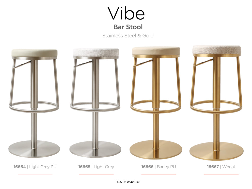 Vibe bar stools in stainless steel and gold finishes on a white background. Vibe bar stool by House of Murphy