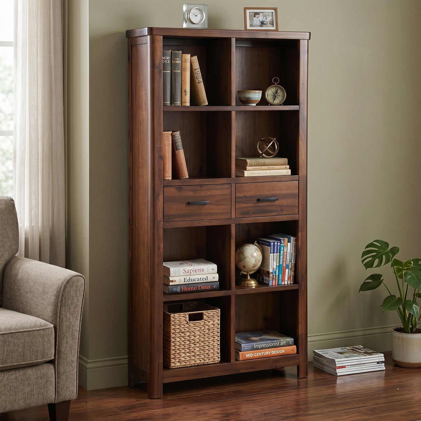 Dorra high bookcase in accacia wood.   Dorra high bookcase by House of Murphy