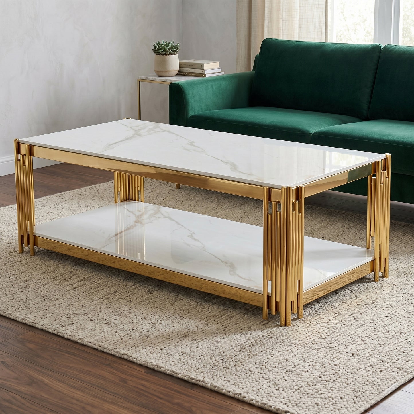 A modern rectangular coffee table with a white marble-patterned top and lower shelf, supported by a polished gold-tone tubular metal frame, set in a living room next to a green sofa. Belini coffee table by House of Murphy