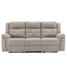 Switch A three-seat reclining sofa upholstered in a textured light taupe gray fabric, shown from the front against a plain white background.Barkeley sofa by House of Murphy 2 image