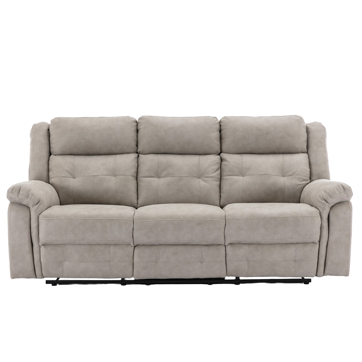 A three-seat reclining sofa upholstered in a textured light taupe gray fabric, shown from the front against a plain white background.Barkeley sofa by House of Murphy