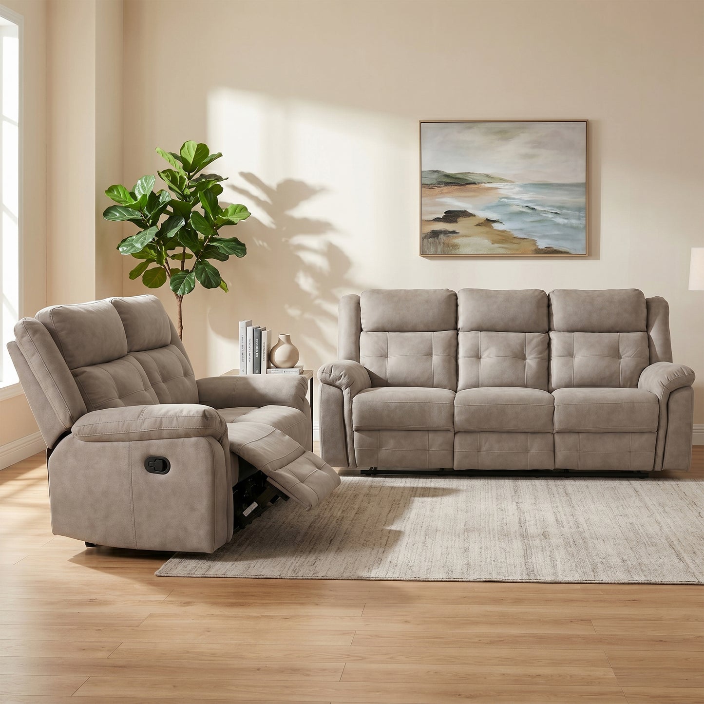 A Taupe grey upholstered recliner chair shown next to a matching three-seat sofa in a bright living room with wood floors, a rug, a potted plant, and a framed ocean painting on the wall.  Barkeley 3.2 sofa by House of Murphy