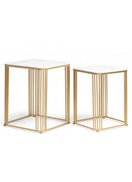 Switch Two nested square side tables with white marble-look tops and gold-finished open metal wire frames, shown on a plain white background. 2 image