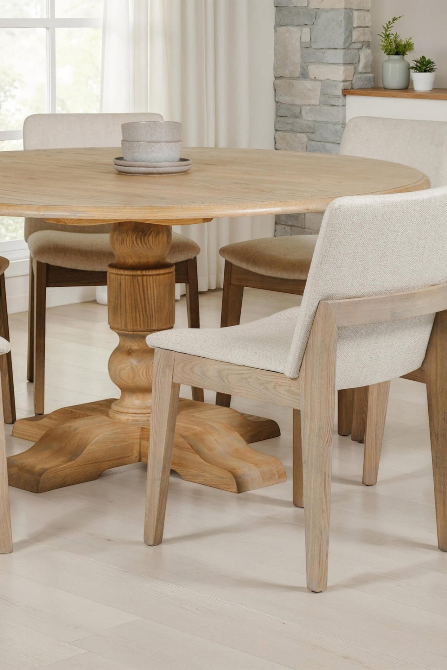 Solid white oak & veneers, Washed oak, Rustic finish, versatile design, padded seats, hand painted, solid wooden frame & legs.