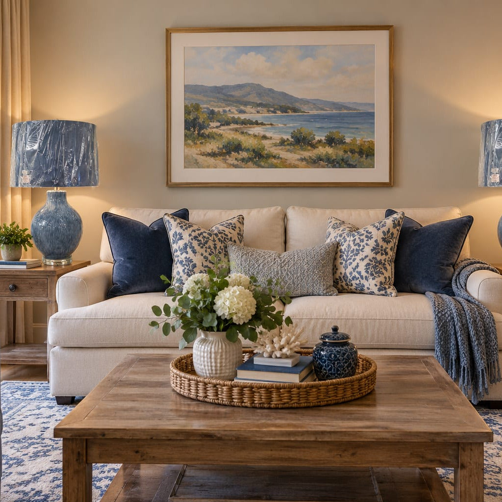 A beautifully styled living room featuring a framed coastal landscape painting above a cream sofa with blue and patterned pillows. The room is symmetrically arranged with matching blue lamps, wooden side tables, a rustic coffee table, and a blue patterned rug.
