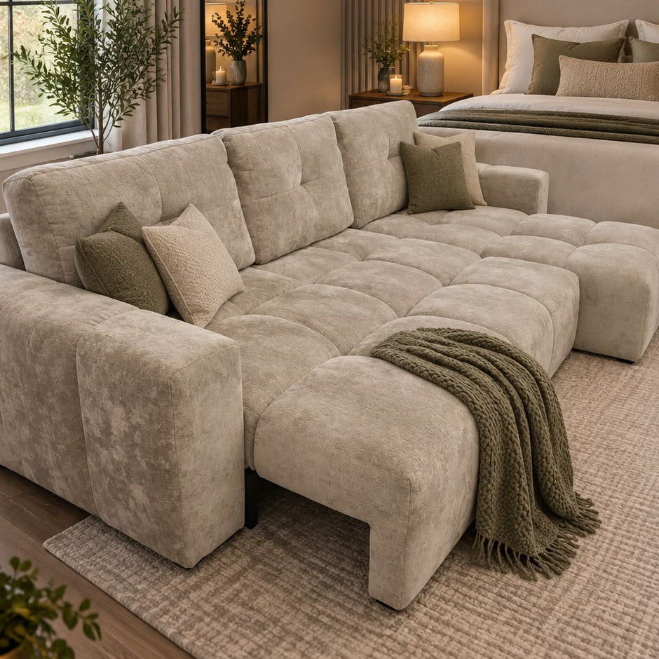 A large tufted sectional sofa in a warm light beige fabric, styled in a modern, cozy bedroom setting with a matching rug, throw blanket, and a bed in the background.
