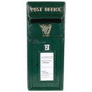 Switch A vintage-style green post box with 'POST OFFICE' lettering at the top, a small gold emblem, a white mail slot label, and a white instruction card on the front, shown against a plain white background. 2 image