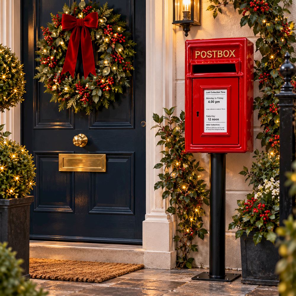 A festive holiday front door scene with a dark navy door decorated with a green wreath and red bow, a red vintage-style mailbox on a post, and warm string lights in planters and along the wall.