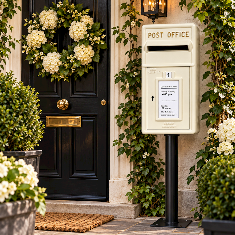 A cream-colored vintage-style post office mailbox on a black pole stands beside a black front door decorated with a white floral wreath, green ivy, and potted plants.